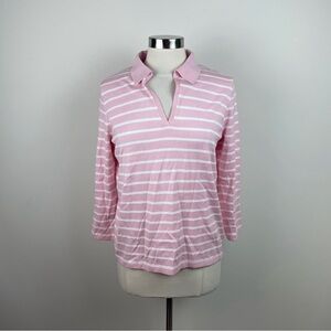 J. McLaughlin Pink White Stripe Preppy Collared Top Women Large Knit Classic